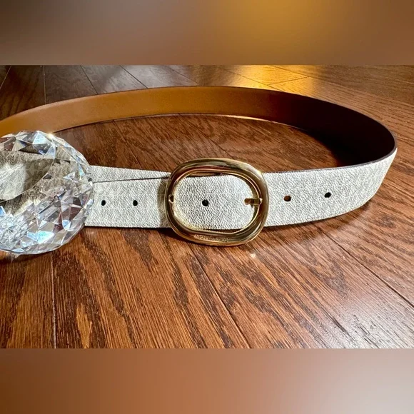 Leather Michael Kors Classic Reversible BeltWhite BrownGolden plated Buckle